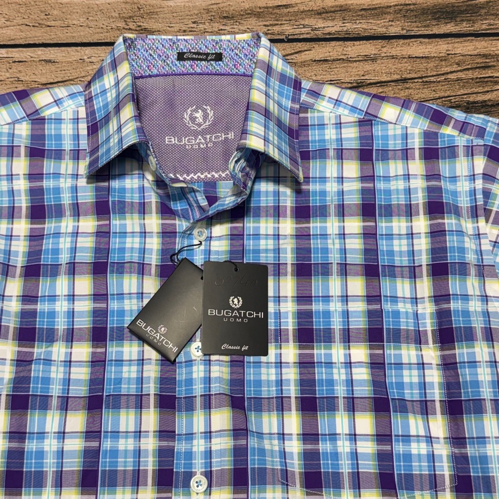 Bugatchi Uomo Button Front Shirt Mens M Orchid Blue Plaid Classic Fit BS3812C65